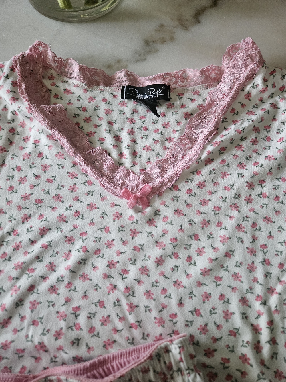 Rene Rofe Pink Floral Lace-Trim Pajama Top - Women’s Intimates